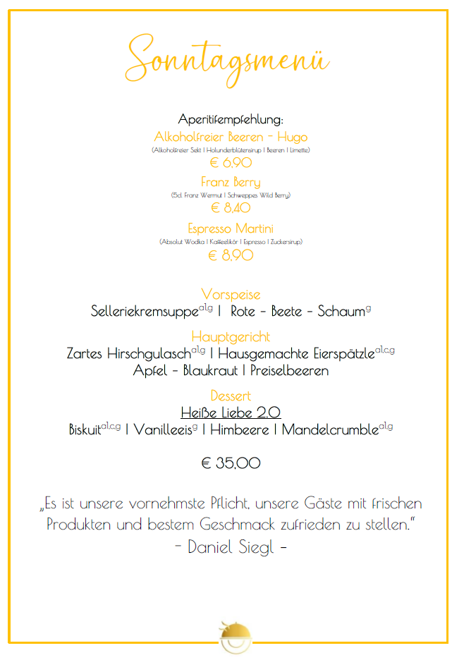 Speisekarte mit Text in deutscher Sprache, inklusive Vorspeisen, Hauptgerichten und Dessertoptionen mit Preisangabe.