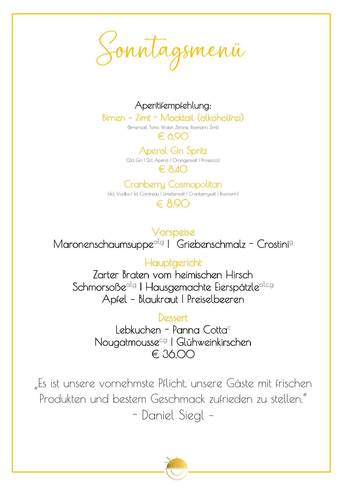 Speisekarte mit Text in deutscher Sprache, inklusive Vorspeisen, Hauptgerichten und Dessertoptionen mit Preisangabe.