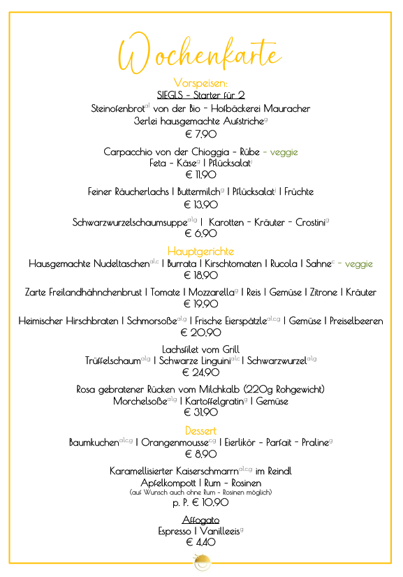 Speisekarte, Wochenangebote. Text auf Deutsch; Gerichte umfassen Vorspeisen, Hauptgerichte und Desserts.