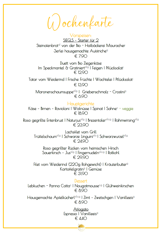 Speisekarte, Wochenangebote. Text auf Deutsch; Gerichte umfassen Vorspeisen, Hauptgerichte und Desserts.