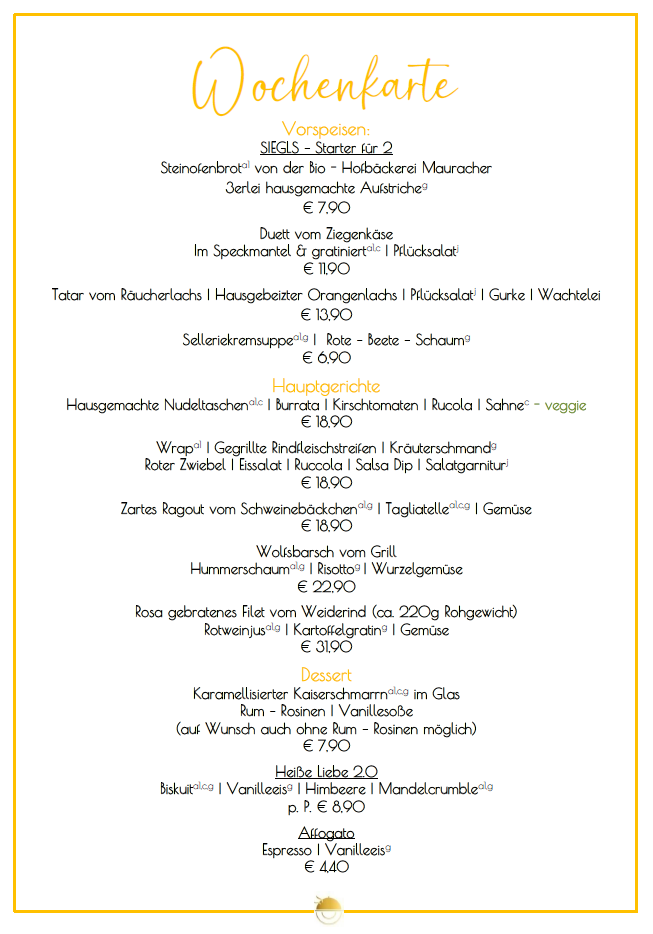 Speisekarte, Wochenangebote. Text auf Deutsch; Gerichte umfassen Vorspeisen, Hauptgerichte und Desserts.