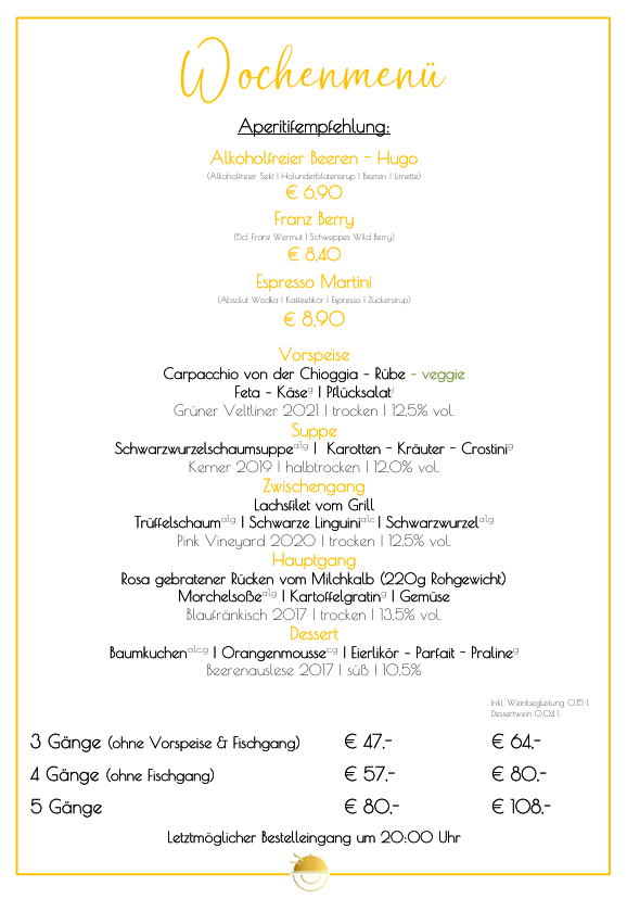 Wöchentliche Speisekarte mit Gerichten und Preisen.