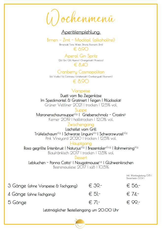 Wöchentliche Speisekarte mit Gerichten und Preisen.