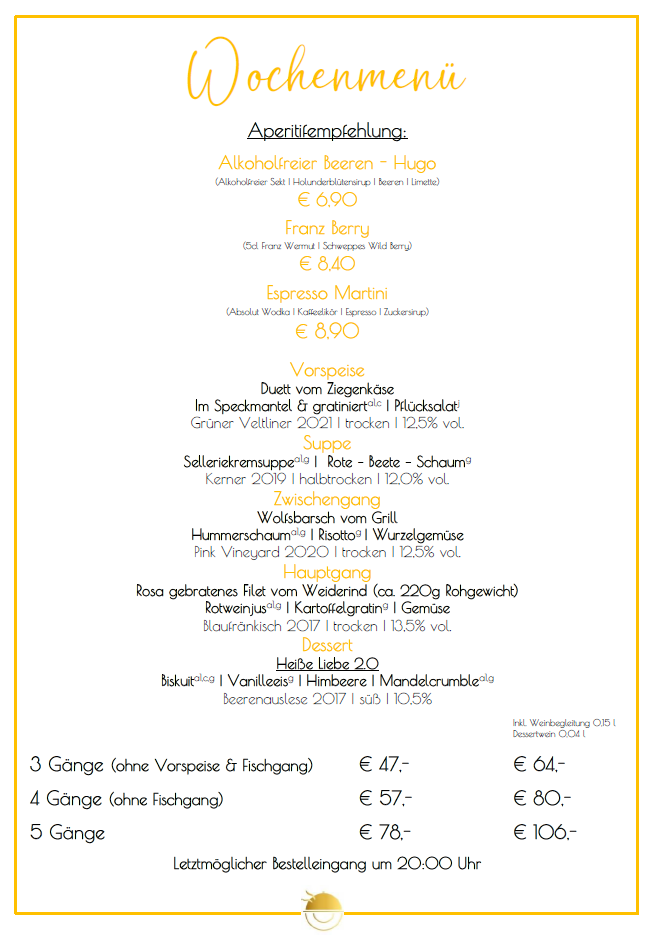 Wöchentliche Speisekarte mit Gerichten und Preisen.