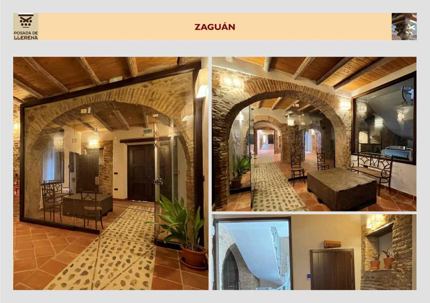 Collage de un cálido y rústico recibidor con techos abovedados de ladrillo, suelos de baldosas estampadas y espejos