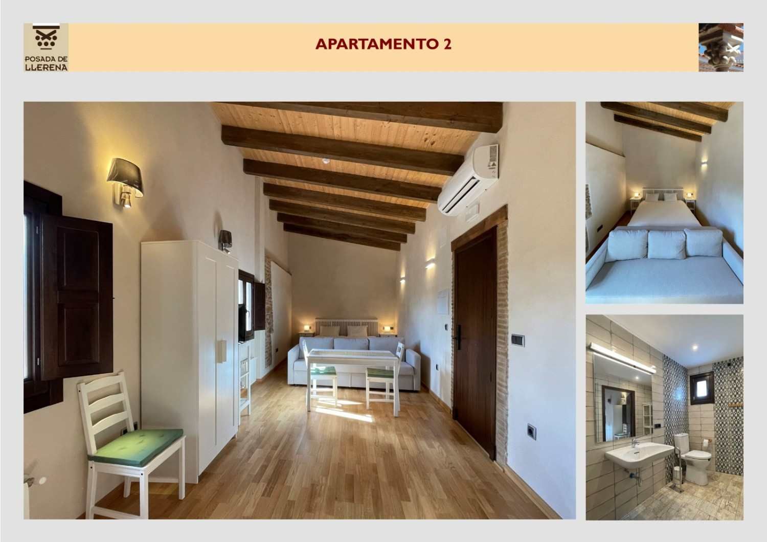 Luminoso y rústico interior de apartamento con vigas de madera, mesa de comedor.
