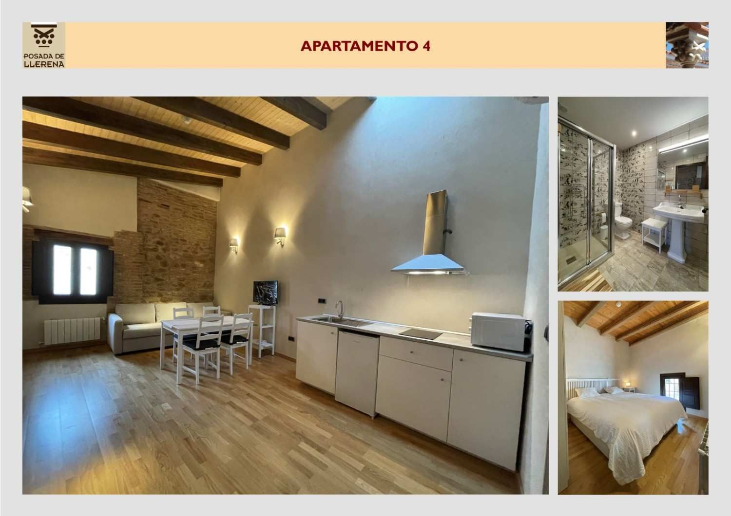 Interior de un apartamento moderno con cocina abierta, zona de comedor, vigas vistas.