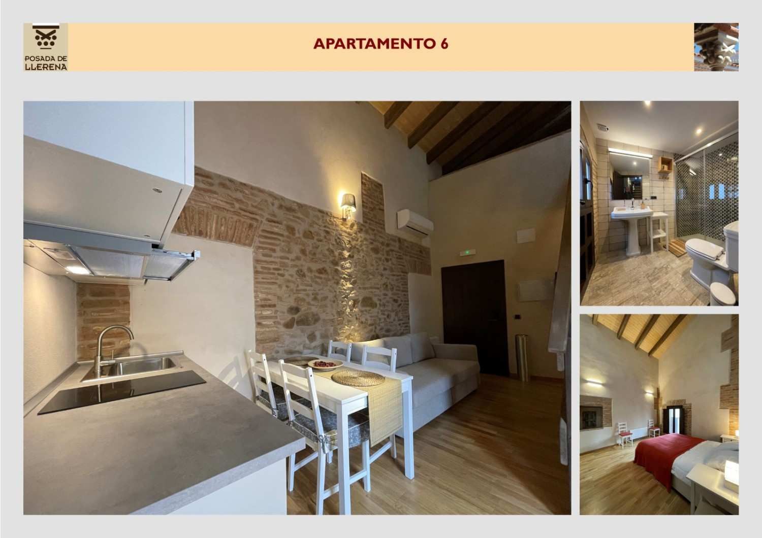 Apartamento rústico de planta abierta con cocina, mesa de comedor y dormitorio, en un diseño de collage
