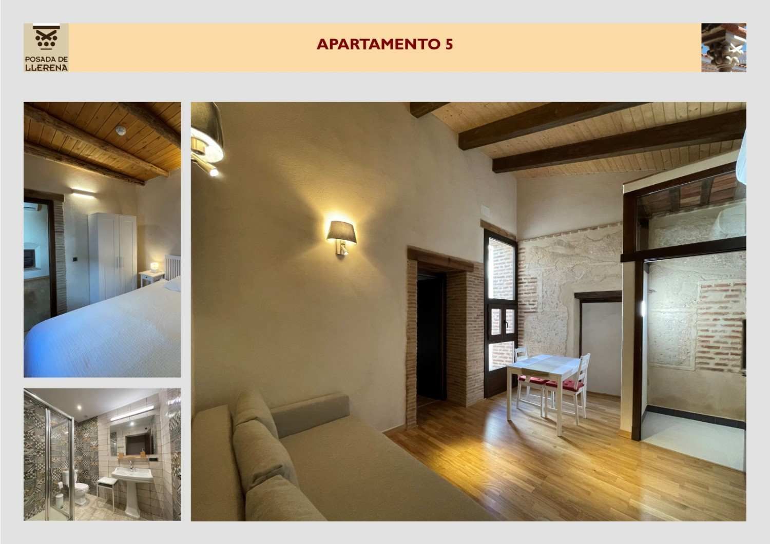 Interior de apartamento con vigas a la vista, sofá, mesa de comedor y dos vistas de habitaciones más pequeñas