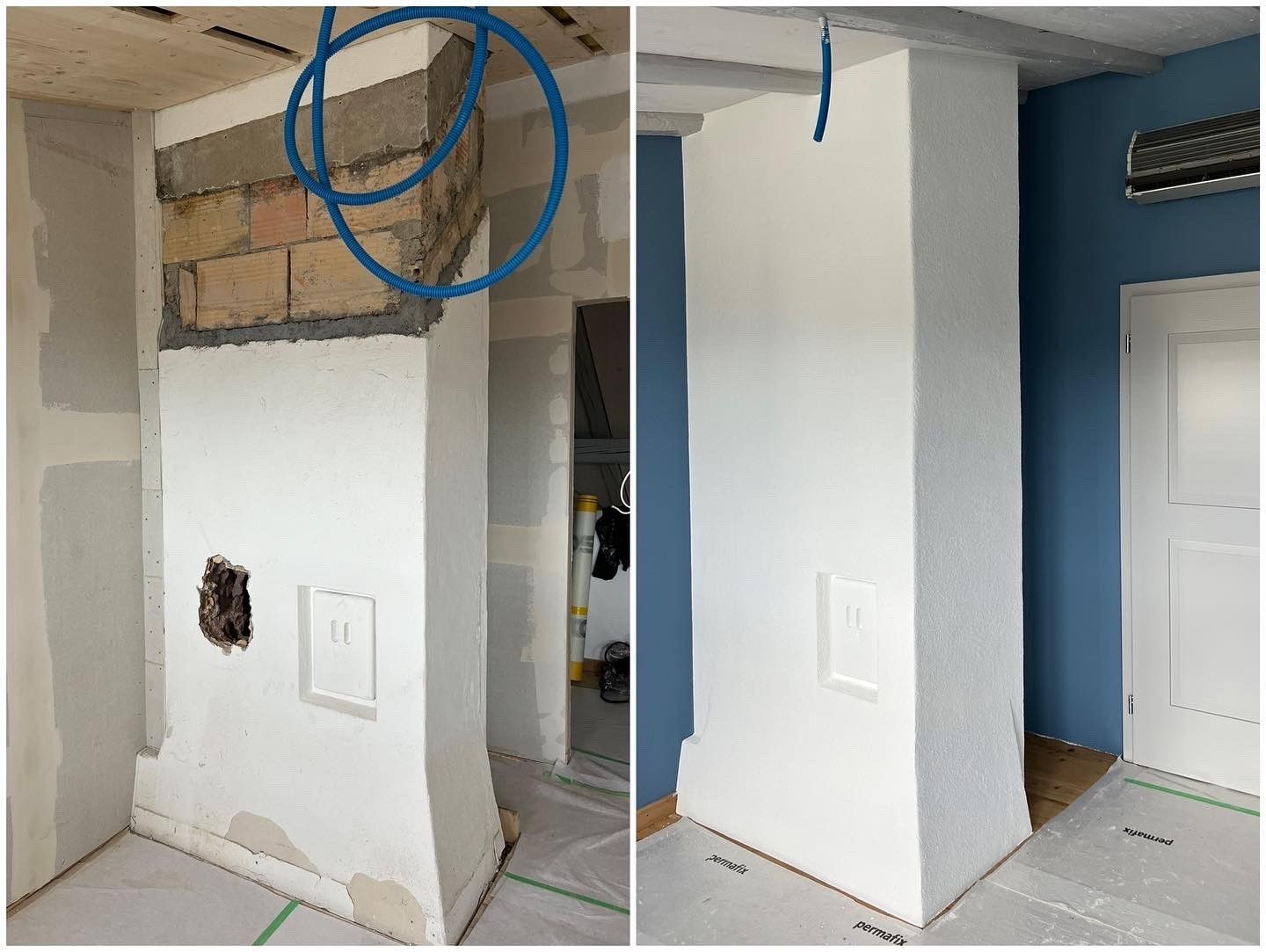 Eine Hand, die eine Farbrolle mit gelbem Griff hält, trägt dicke weisse Farbe auf eine hellgrüne Wand auf.