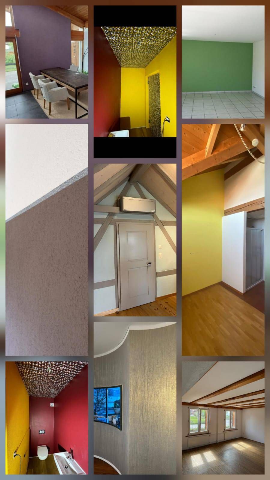 Eine Collage, die verschiedene Wohnräume mit farbenfrohen Wänden, gemusterten Tapeten und Holzbalken zeigt.