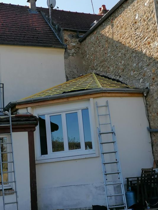 Petite extension blanche d'un bâtiment avec un toit en pente, des fenêtres et une échelle appuyée contre le mur.