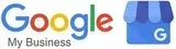 Se muestra un logotipo de Google My Business sobre un fondo blanco.