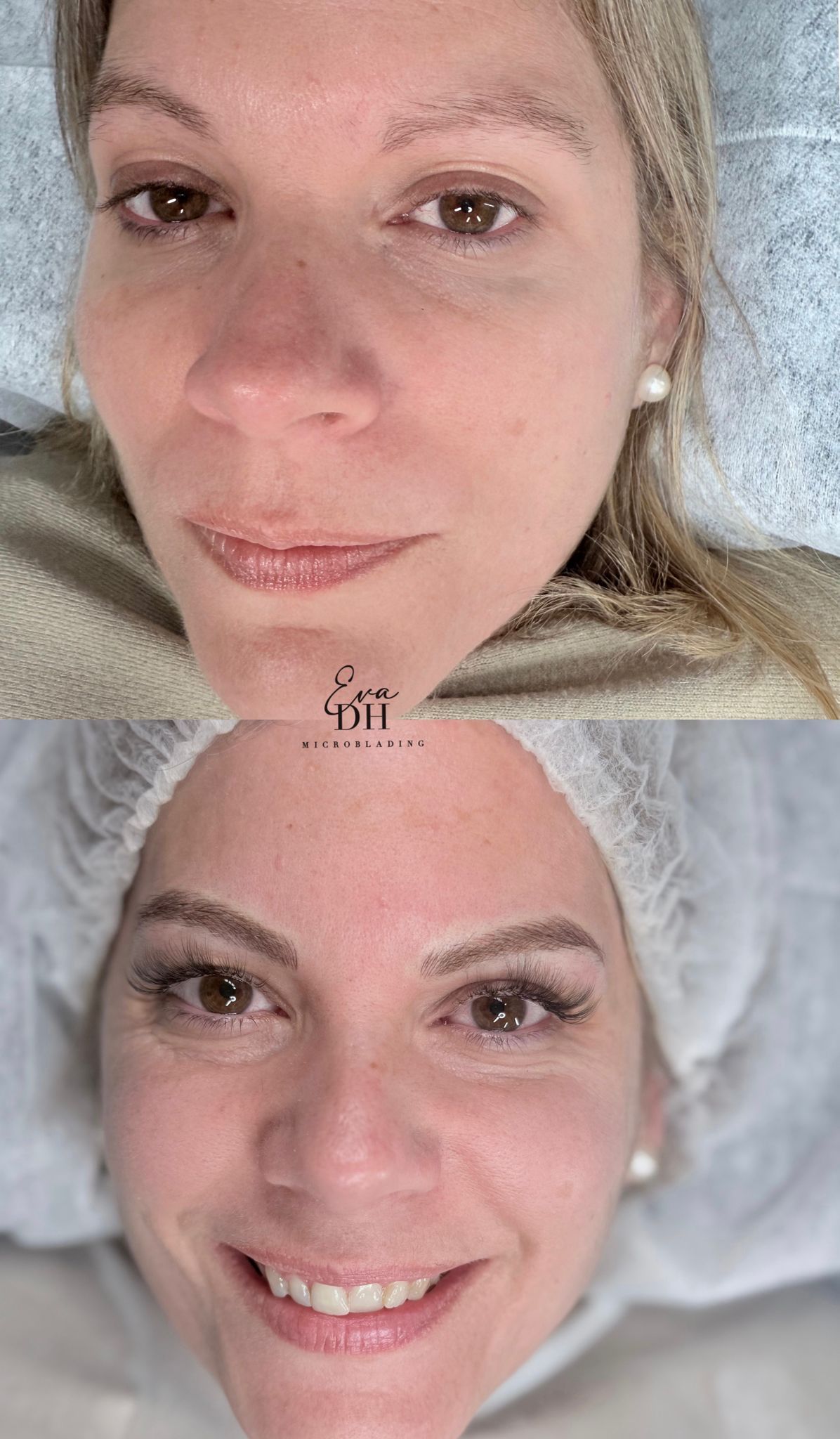 Una fotografía de antes y después del rostro de una mujer con y sin maquillaje.