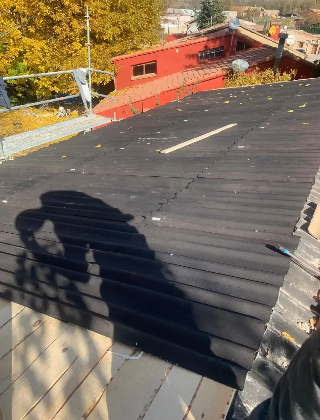 Techo de chapa ondulada negra con la sombra de una persona. Al fondo, un edificio rojo y hojas otoñales.