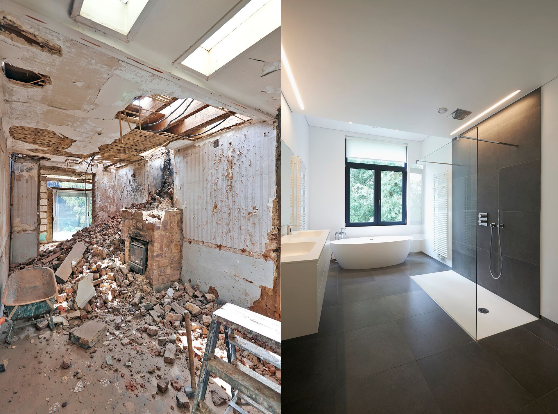 Salle de bains endommagée avant et après : plafond effondré et débris, puis rénovation moderne et épurée avec baignoire et douche vitrée