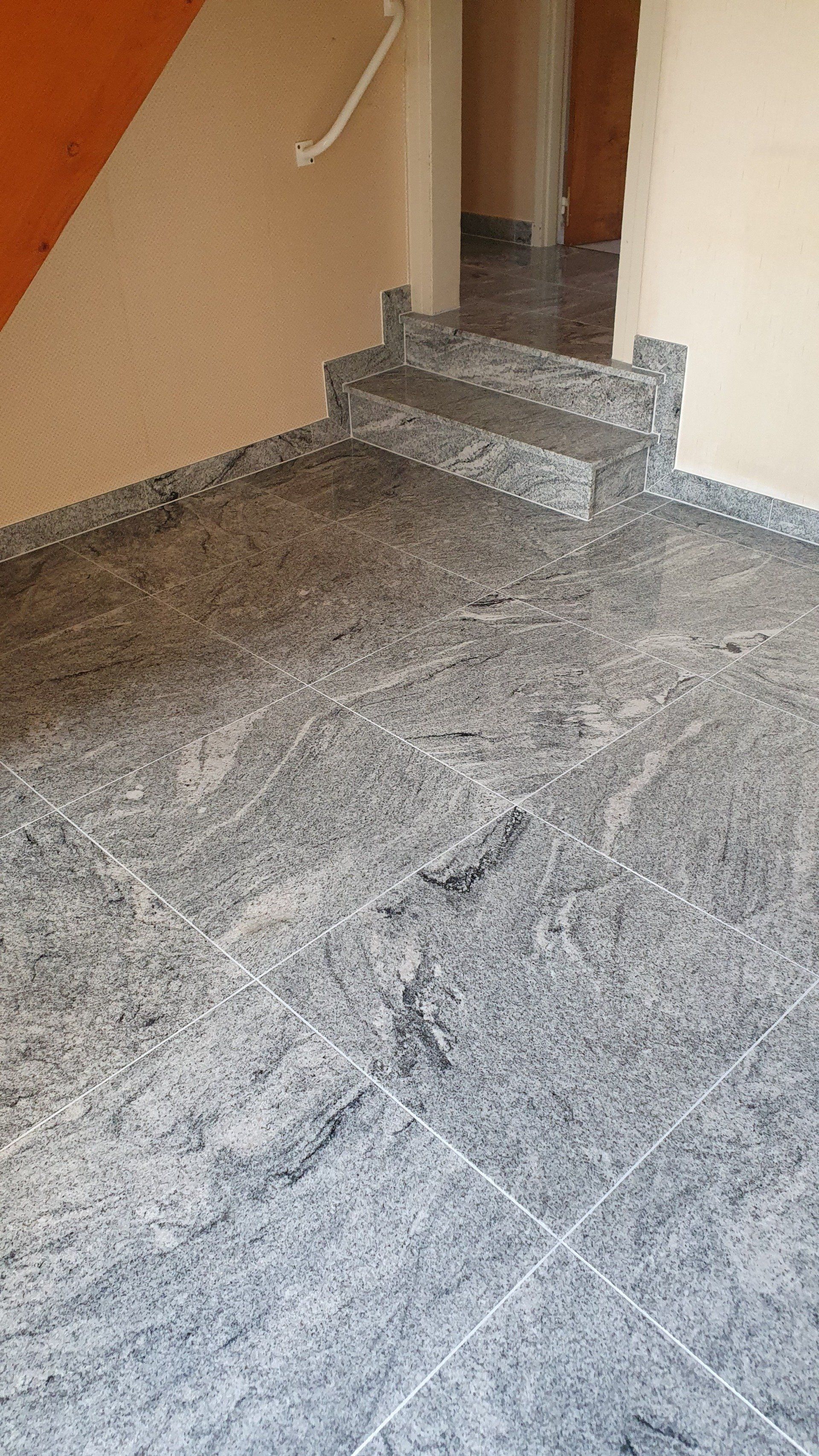 Couloir intérieur avec des marches en pierre menant à une porte, des murs beiges et un sol gris moucheté.