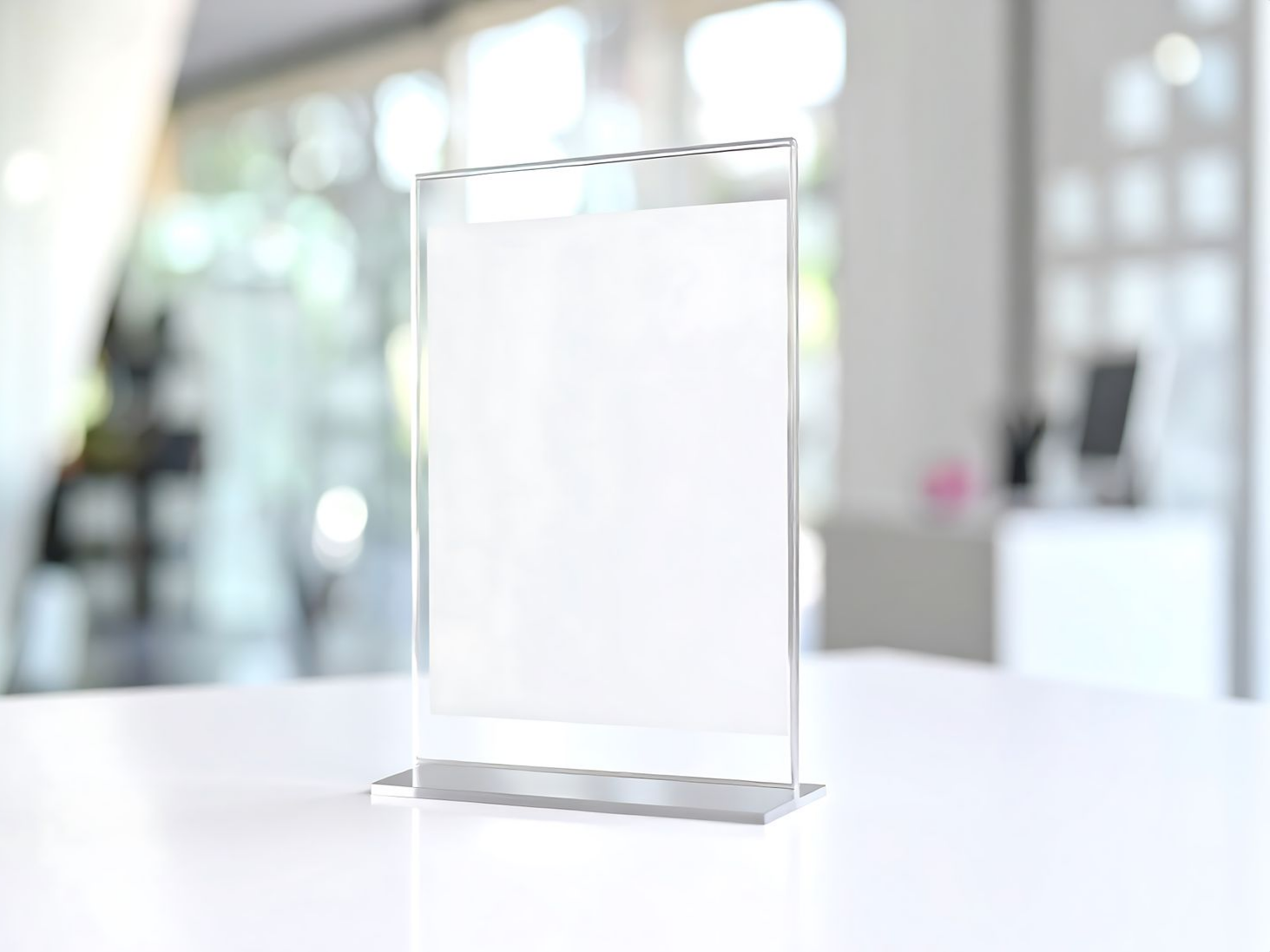 Panneau en acrylique transparent posé sur une table blanche