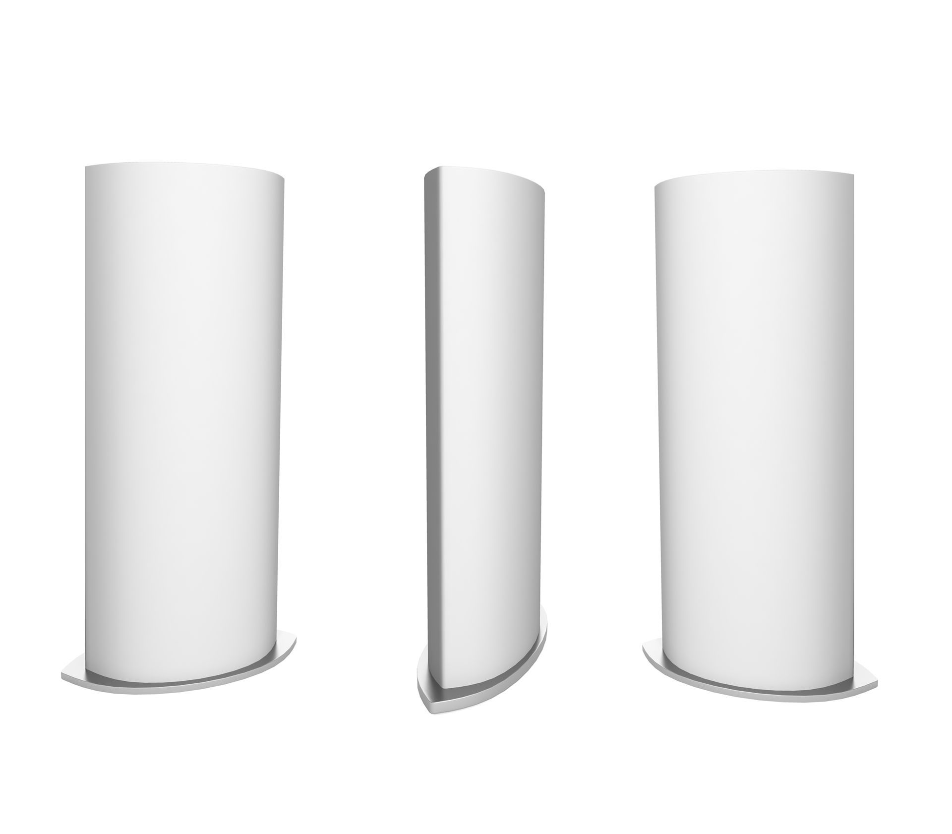 Trois vues d'un totem cylindrique blanc à base arrondie.