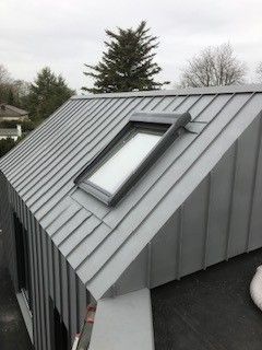 Graues Metalldach mit Oberlicht auf einem modernen Gebäude, bedeckter Himmel.