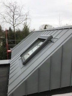 Graues Metalldach mit Oberlicht, Außenaufnahme, bewölkter Tag.