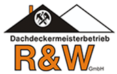 Logo für Dachdeckermeisterbetrieb R&W GmbH. Schwarze und weiße Dachformen, orangefarbener Schriftzug „R&W“, Symbol gekreuzter Hämmer.