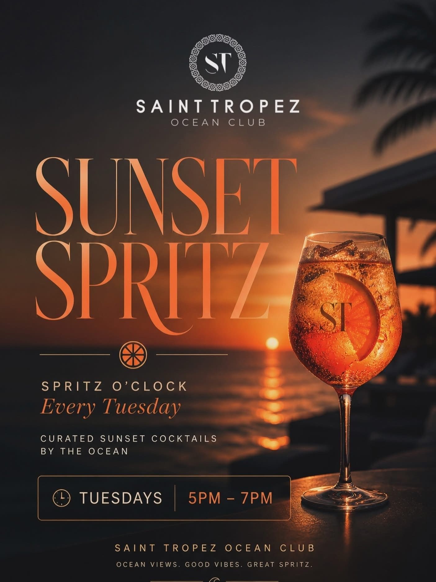 A poster for sushi and cocktails day at saint tropez ocean club