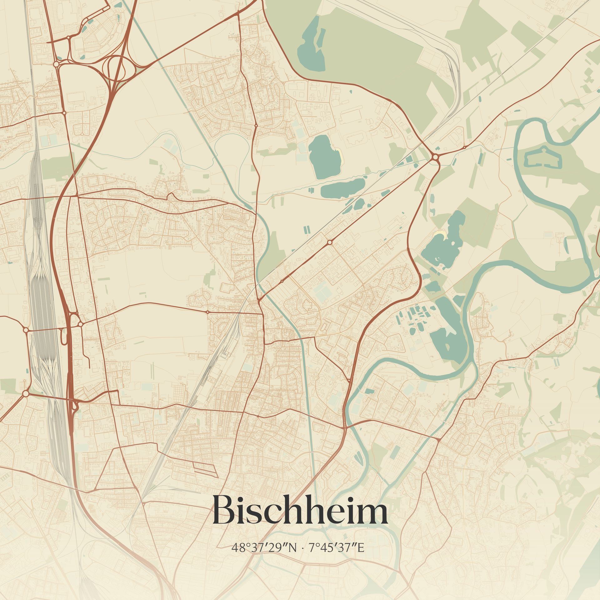 Carte stylisée de Bischheim, en France, avec un fond beige, des routes marron et des points d'eau vert sauge.