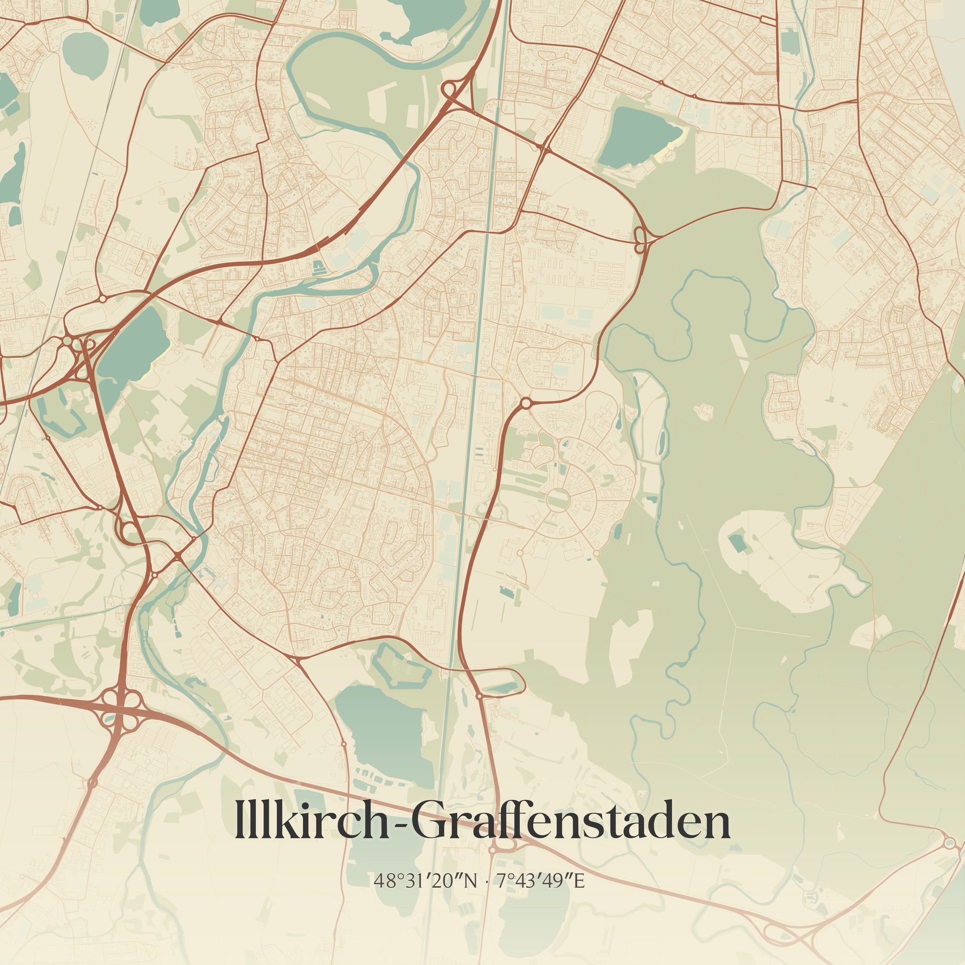 Carte simplifiée et claire d'Illkirch-Graffenstaden, en France, montrant les routes et les éléments naturels sur fond beige.