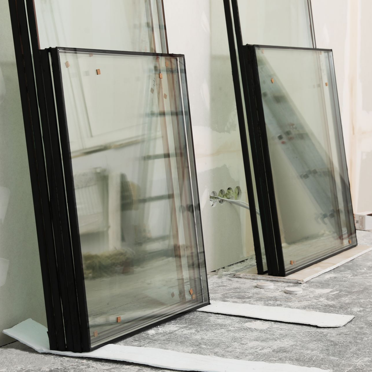 Deux piles de grands panneaux de verre appuyés contre un mur dans une pièce inachevée au sol en béton.