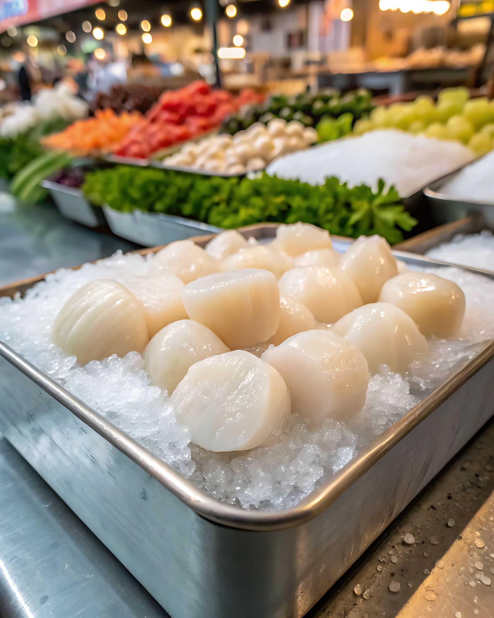 Bac avec noix de Saint-Jacques et marché de légumes