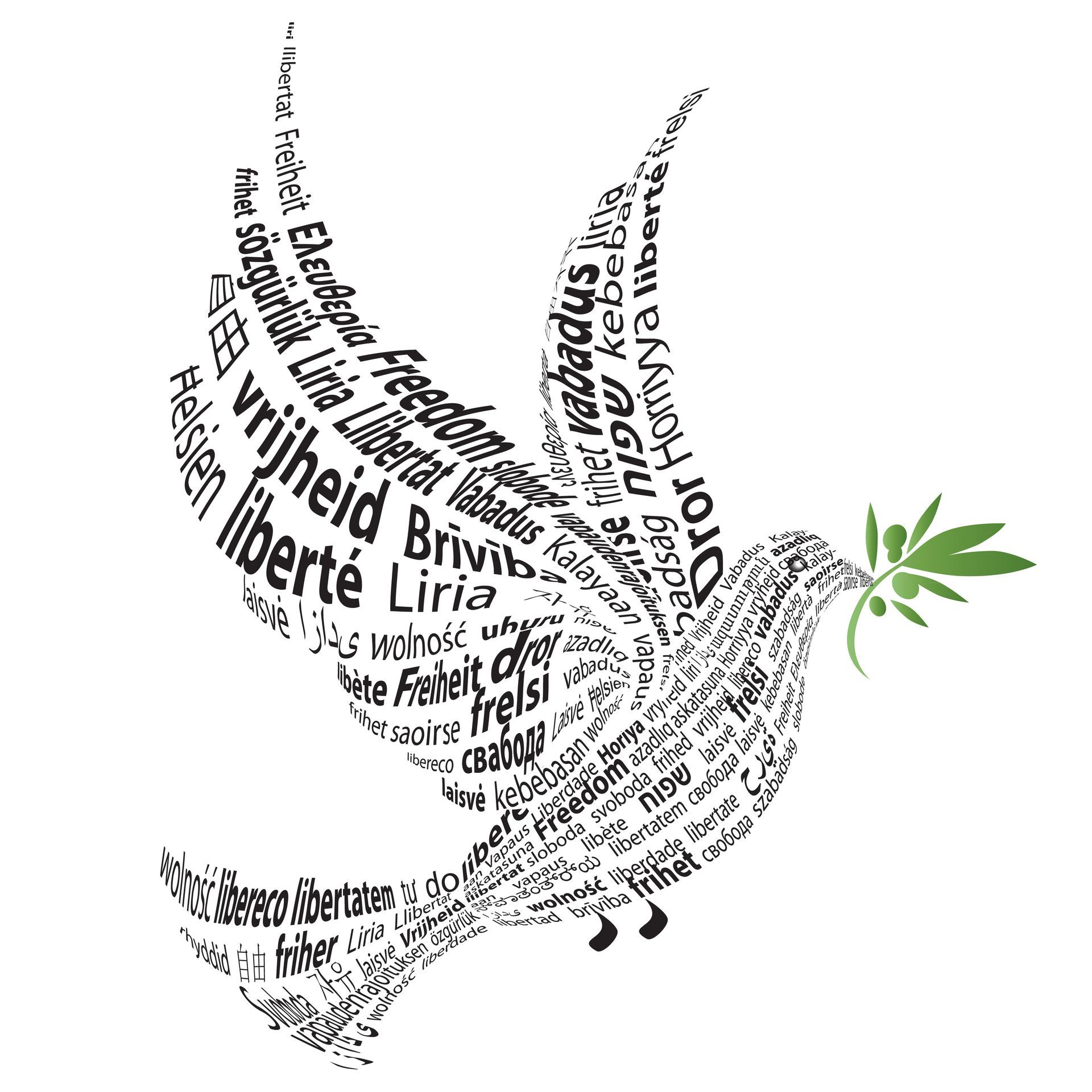 Oiseau dessiné avec des mots d'une langue différente tenant une feuille dans son bec