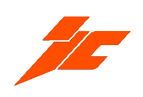 Logotipo abstracto naranja sobre fondo blanco; rayo estilizado y formas angulares.