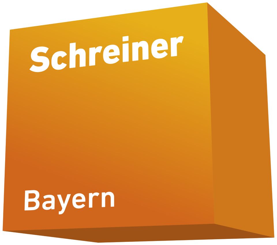 Orangefarbenes 3D-Würfellogo mit weißer Schrift „Schreiner“ und „Bayern“