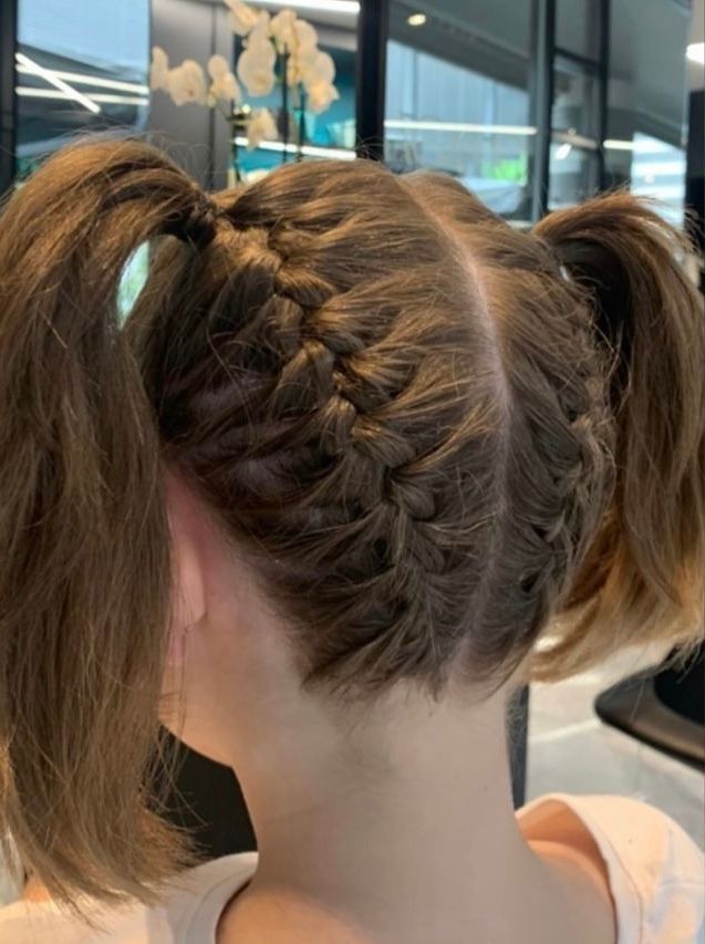 Una persona con i capelli castano chiaro acconciati in due codini con trecce alla francese che partono dalla sommità del capo.