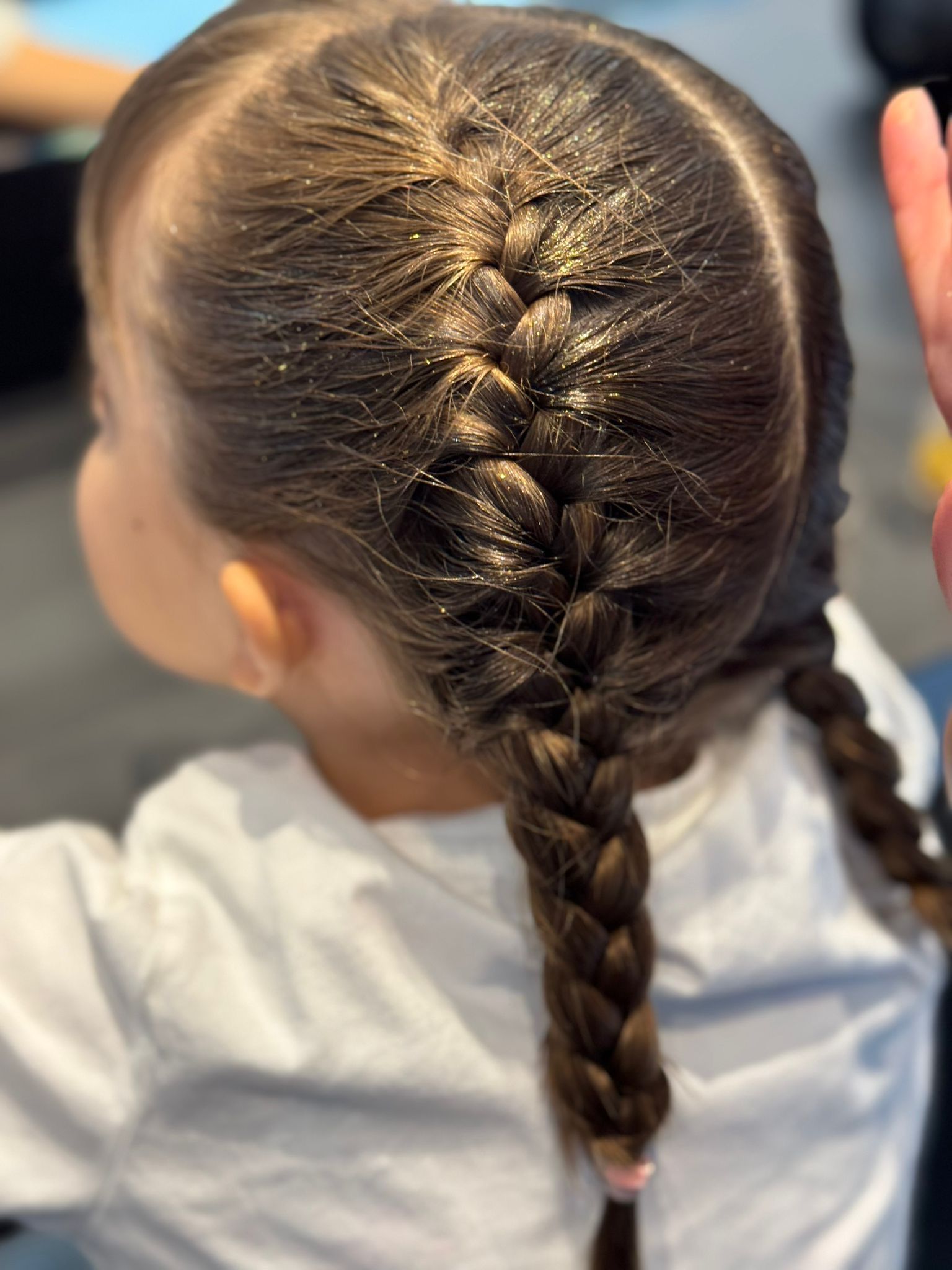 Vista posteriore di una persona con capelli scuri acconciati in due trecce francesi, leggermente cosparsi di glitter dorati.