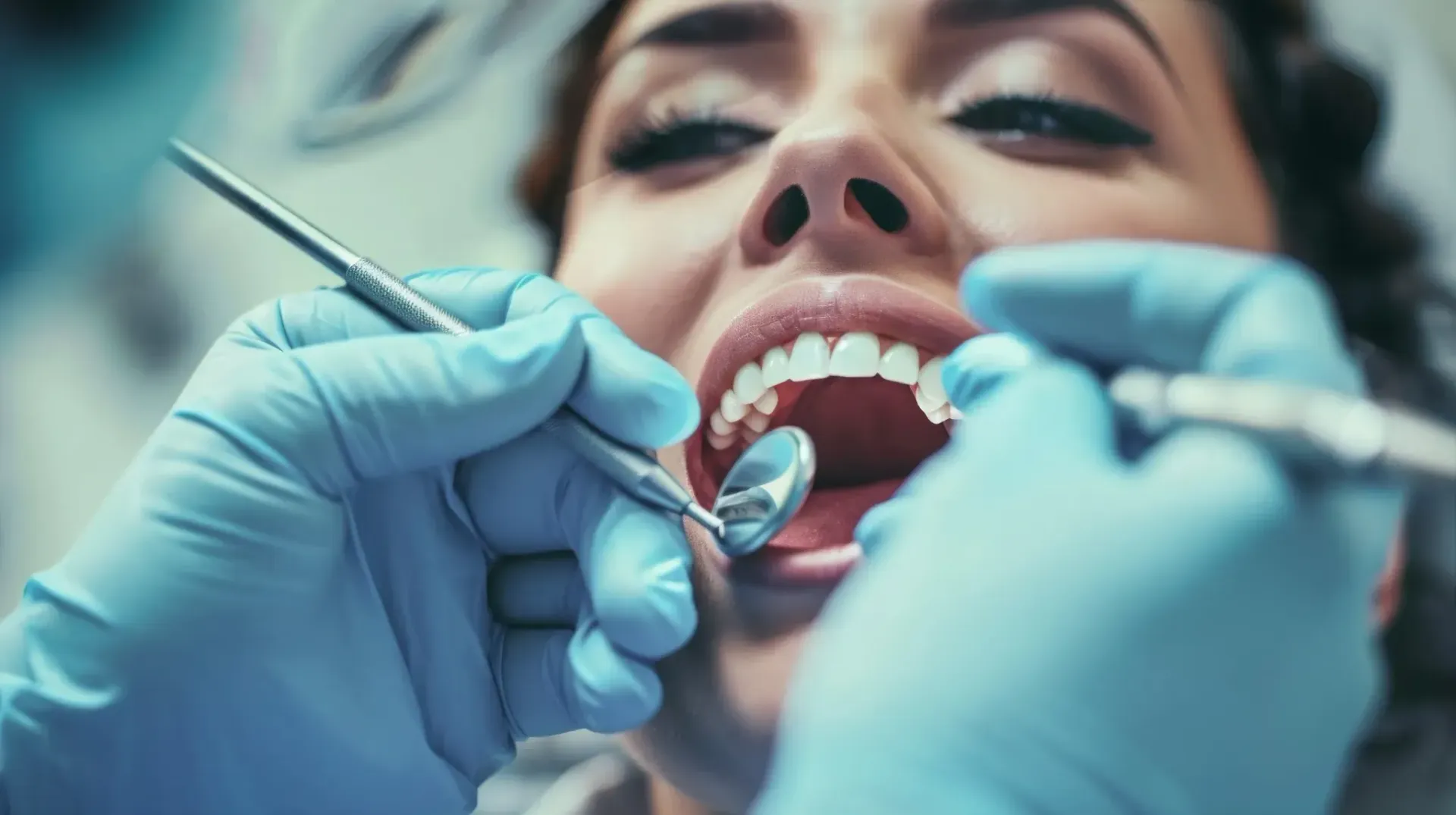 Mujer en el consultorio del dentista, con la boca abierta, siendo examinada con instrumental dental.
