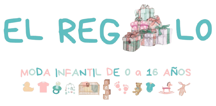 Logotipo "El Regalo" con regalos e ilustraciones con temática de bebé; texto "moda infantil de 0 a 16 años" debajo.