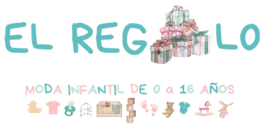 Logotipo "El Regalo" con regalos e ilustraciones con temática de bebé; texto "moda infantil de 0 a 16 años" debajo.