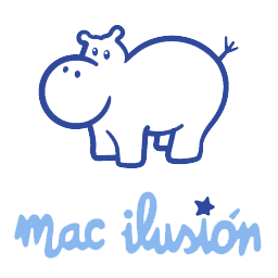 Hipopótamo azul sobre las palabras "mac ilusión" y una estrella.