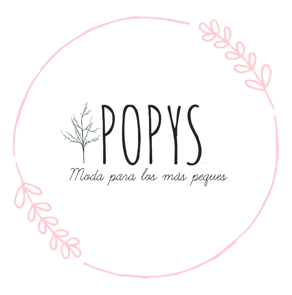 Logotipo para la moda infantil "Popys", con texto en un círculo rosa y un gráfico de una planta.