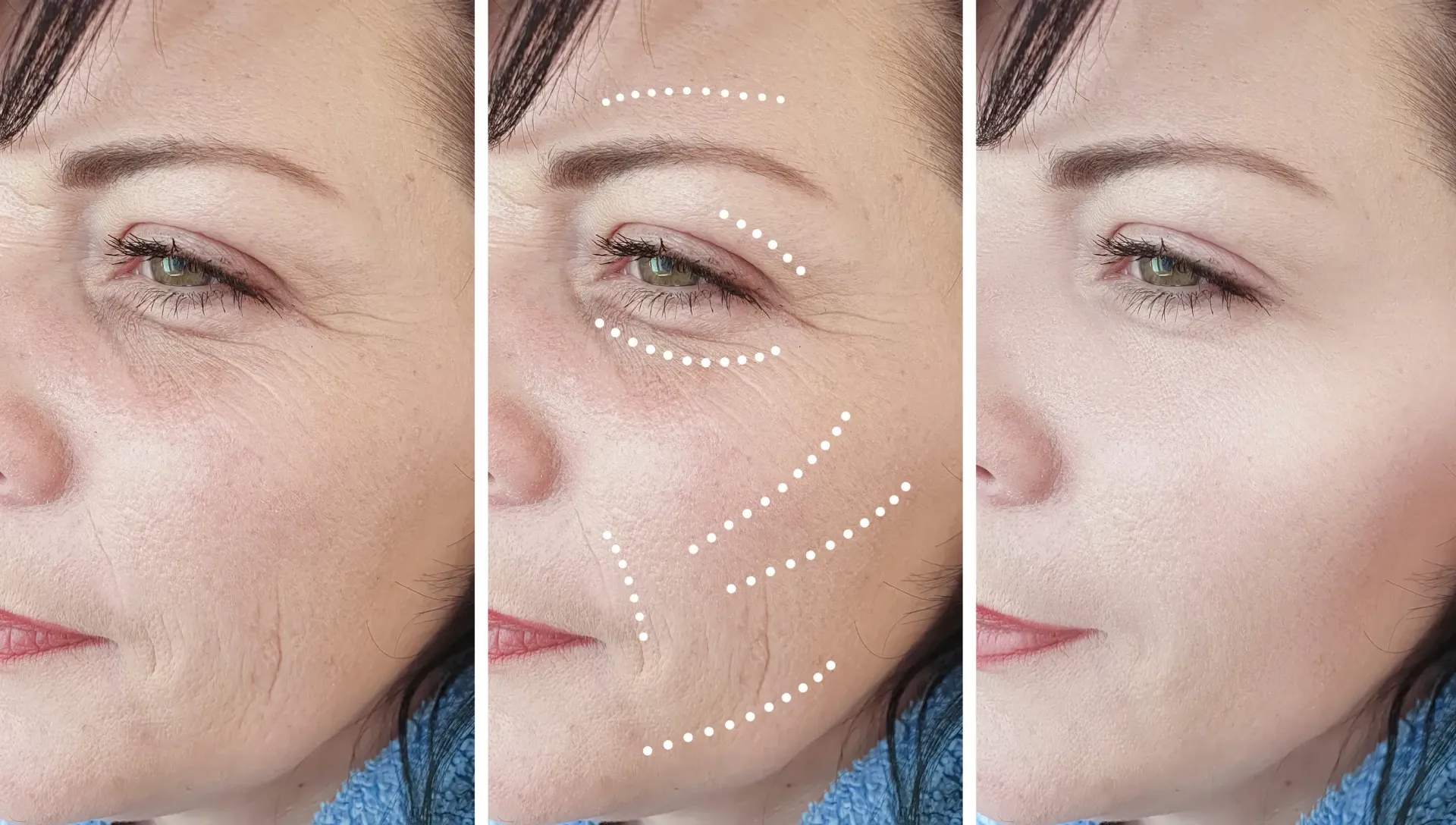 Se muestra el rostro de una mujer antes y después de los procedimientos cosméticos.