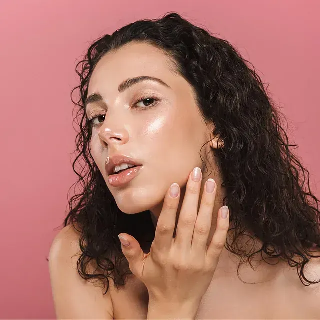 Una mujer con cabello rizado se toca la cara con la mano.