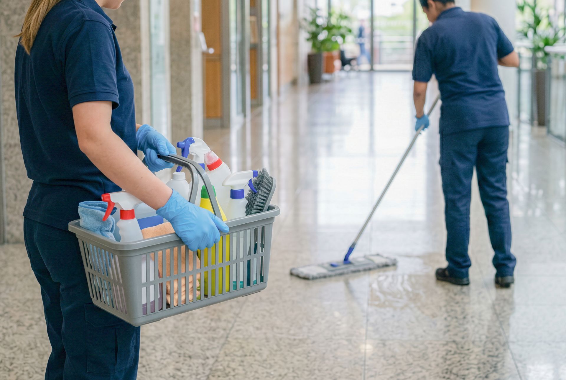 Deux agents d'entretien nettoient un couloir lumineux, l'un passant la serpillière tandis que l'autre porte un panier de produits d'entretien.