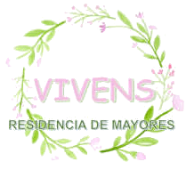 Un logotipo para vivens residencia de mayores con una corona de flores y hojas.