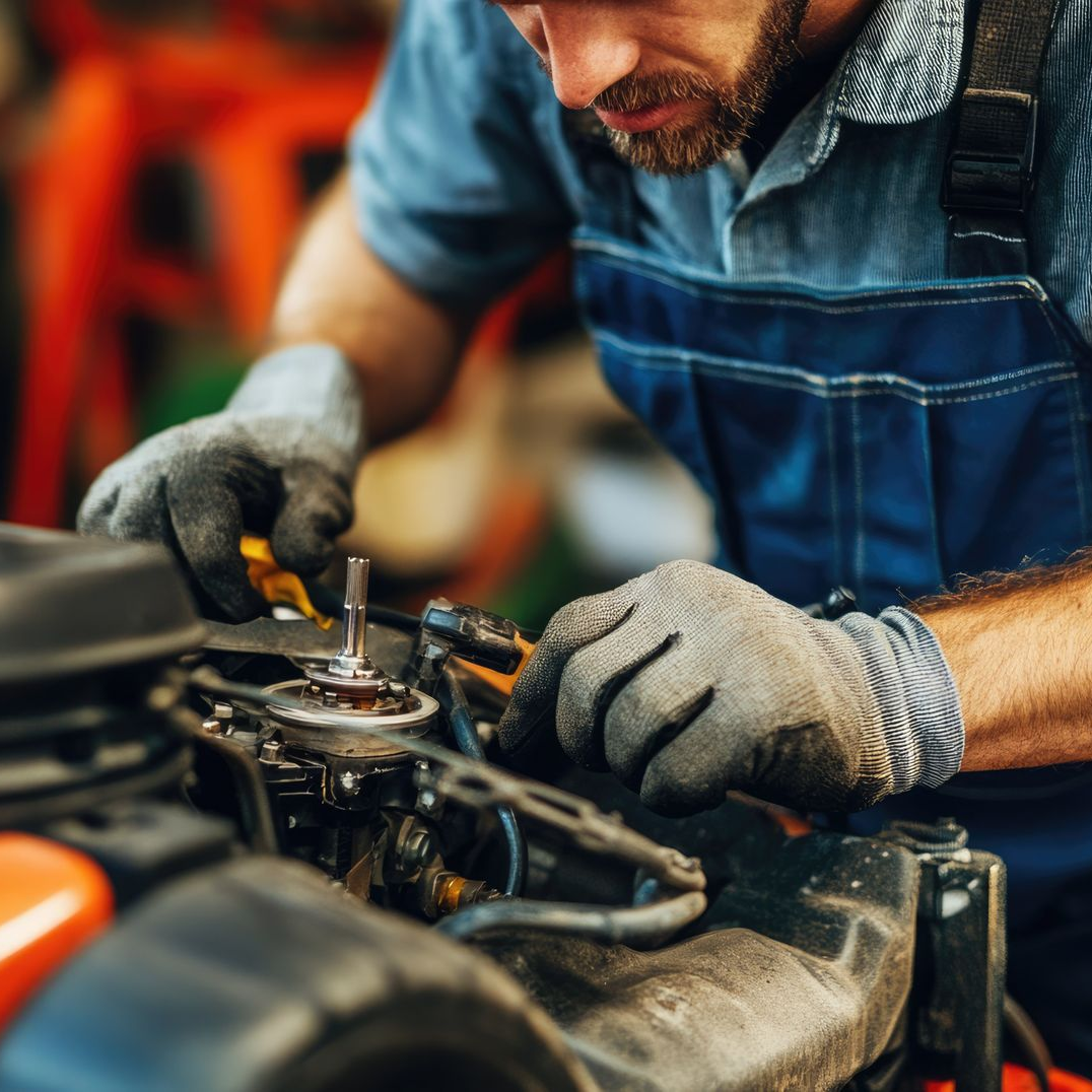 Un mécanicien en salopette bleue et gants gris répare un moteur de voiture dans un atelier.