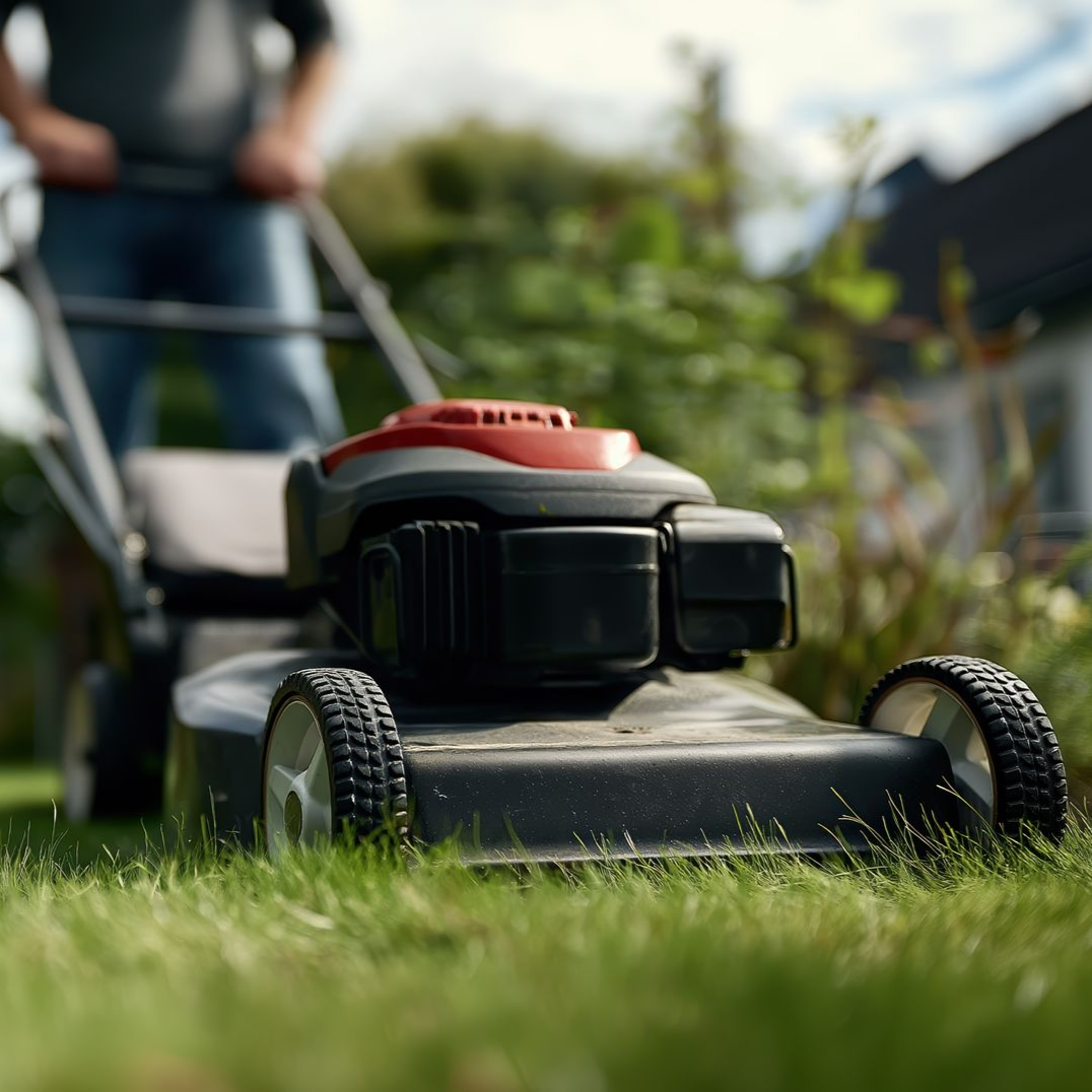 Une personne pousse une tondeuse à gazon rouge et noire sur une pelouse.