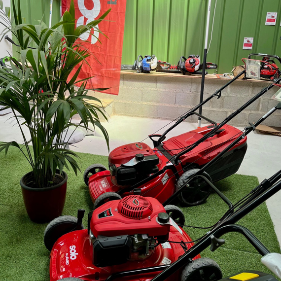 Plusieurs tondeuses à gazon rouges exposées sur du gazon artificiel à côté d'une plante en pot.
