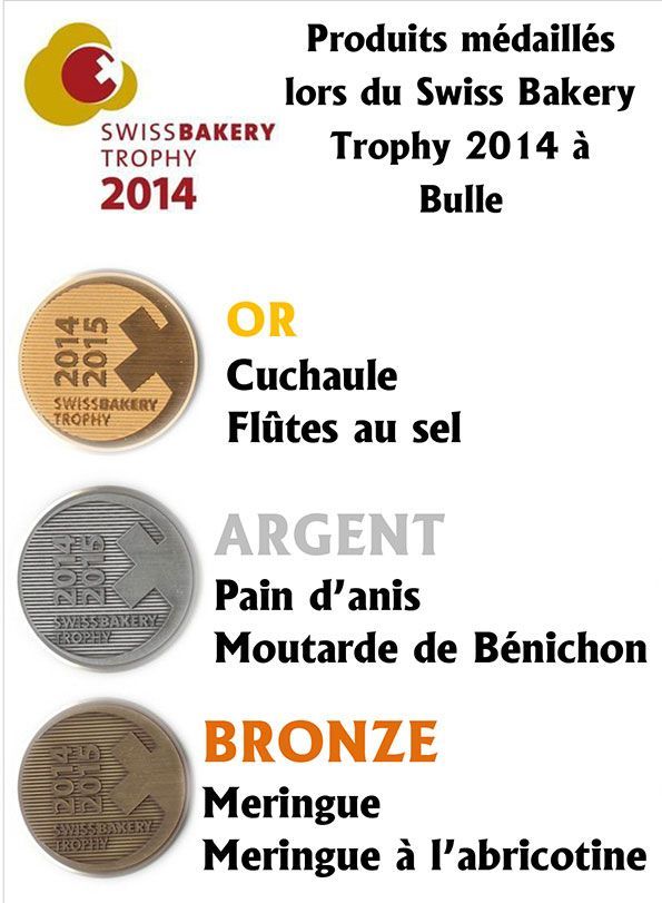 Une affiche du trophée suisse de la boulangerie 2014 avec trois médailles Boulangerie – Tea-Room Les Arcades