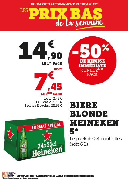 50 % de remise immédiate sur le deuxième pack de bière blonde Heineken 5°. Pack de 24 bouteilles (6 litres). Soit les 2 packs à 22,35 €. Prix au litre : 2,48 € (1,86 € le litre pour les 2 packs).